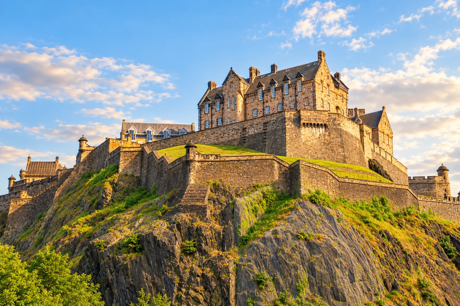 Edinburgh Castle and its stone ramparts in warm late-afternoon light