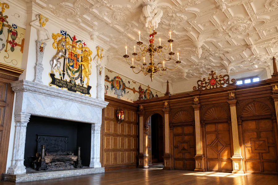 Decorated ceiling and heraldic fireplace in the royal apartments at Edinburgh Castle