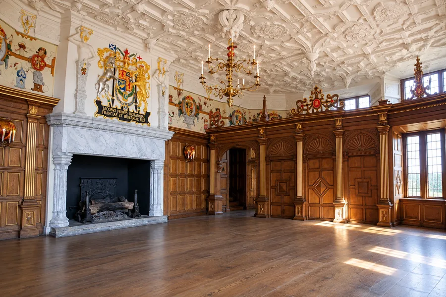 Heraldic fireplace and decorated ceiling inside the Royal Palace at Edinburgh Castle