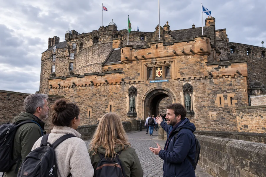 A guide introducing Edinburgh Castle at the Portcullis Gate